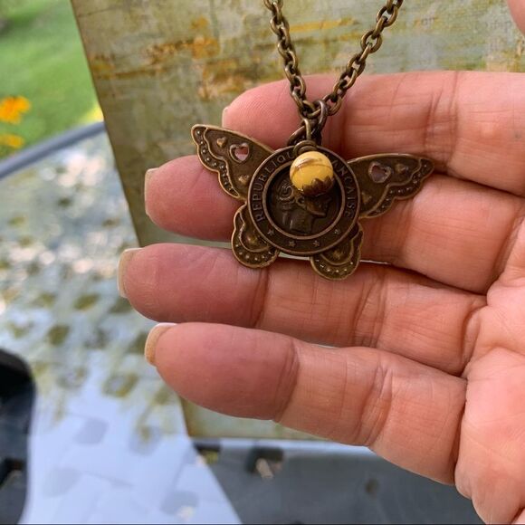 Hand Crafted Steampunk Butterfly Brass Necklace/a Semi Precious Bead - Picture 3 of 7